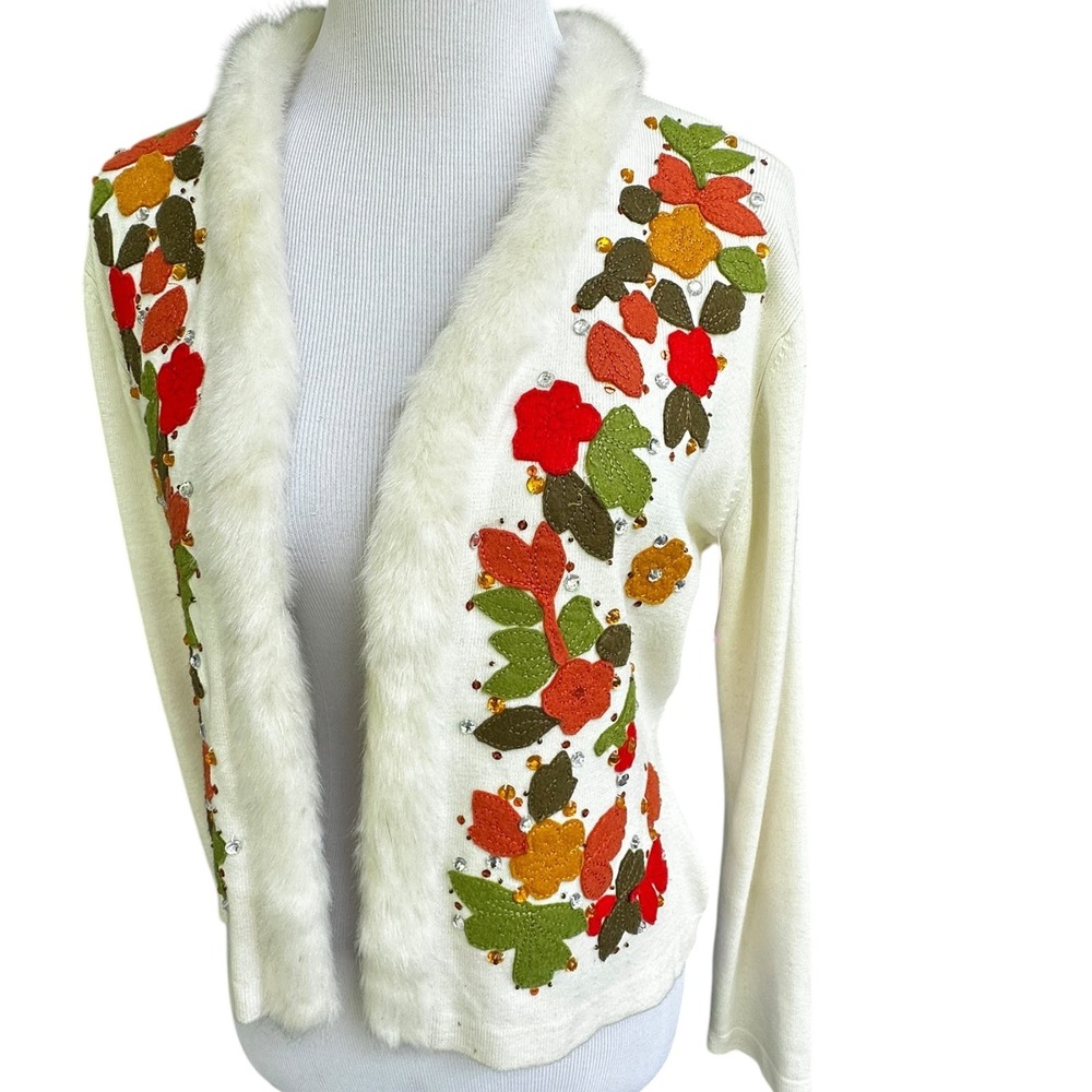 Fall Leaf Embellished Cardigan Jacket Faux Fur‎ Trim Appliqué Beaded Ivory M-L - Picture 11 of 16